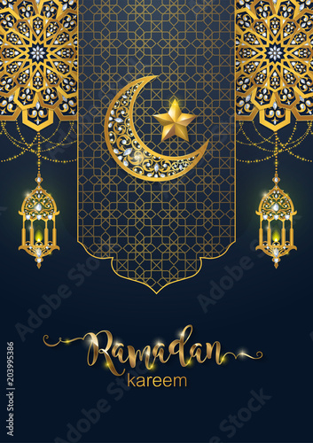 Ramadan Kareem greeting background Islamic with gold patterned and crystals on paper color background. 