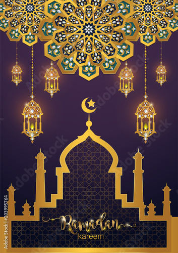 Ramadan Kareem greeting background Islamic with gold patterned and crystals on paper color background. 