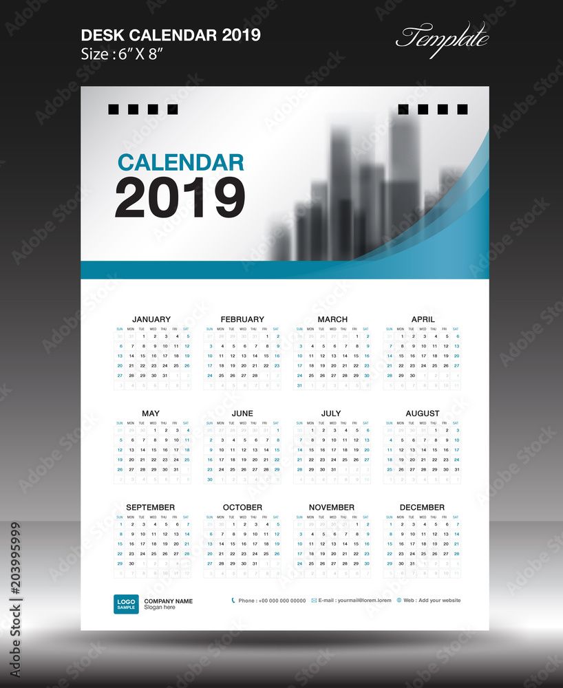 Desk calendar 2019 year Size 6x8 inch vertical, Week start Sunday, business flyer, Blue background, vector illustration Desk calendar 2019 year Size 6x8 inch vertical, Week start Sunday, business flyer, Blue background, vector illustration