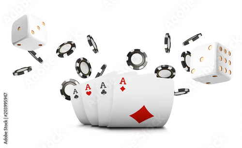 Playing cards, poker chips and dice fly casino on white background. Poker casino vector illustration. Online casino game gambling table 3d vector concept