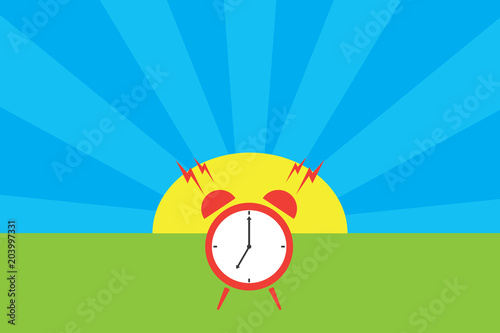 ​Alarm oclock in front of cartoon sunny day. Ringing oclock on spring or summer landscape. Funny wake up. Design for children book.