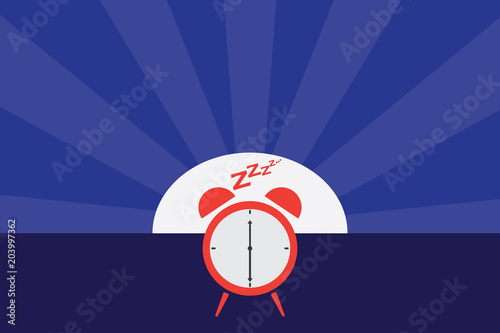 ​Alarm oclock in front of cartoon moonlight. Sleeping clock on night background. It is time to sleep. Vector illustration.