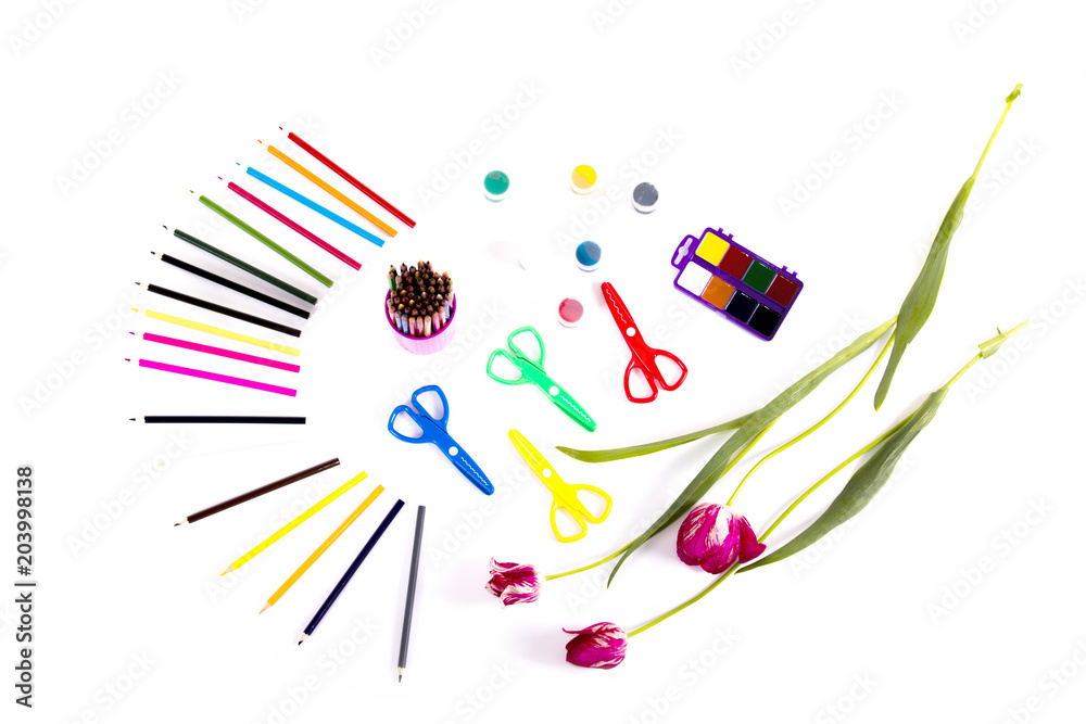 Children's art set of pencils scissors and paints Children's art set of pencils scissors and paints