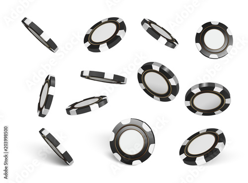 Vector Casino chips, isolated on white. Casino game 3D chips. Online casino banner. Black realistic chip. Gambling concept, poker mobile app icon. Chips falling in the air