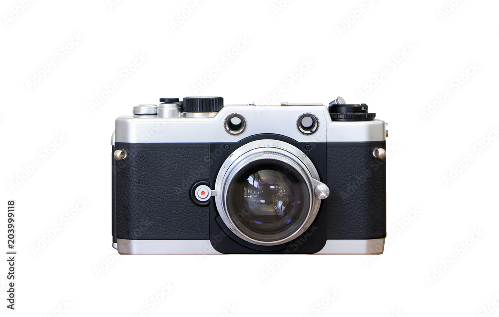 vintage camera on isolated white background.Old rangefinder retro camera vintage style.silver color classic camera with clipping path