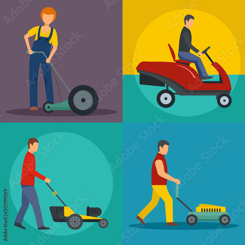 Lawnmower grass garden service banner concept set. Flat illustration of 4 lawnmower grass garden service vector banner horizontal concepts for web