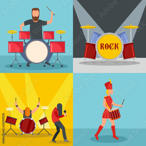 Drummer drum rock musician icons set. Flat illustration of 4 drummer drum rock musician vector icons for web
