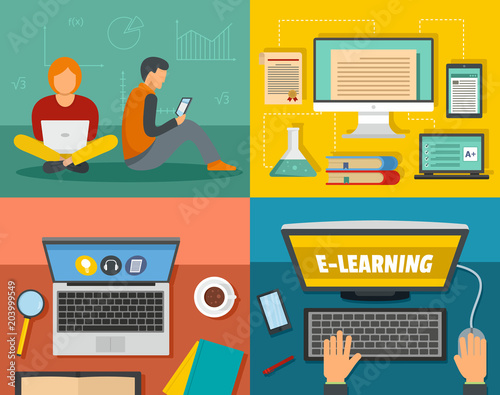 E-learning online training education banner concept set. Flat illustration of 4 electronic learning online training education vector banner horizontal concepts for web