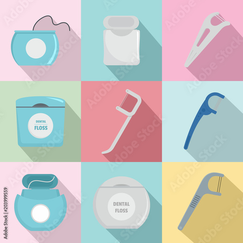 Floss dental brushing teeth icons set. Flat illustration of 9 floss dental brushing teeth vector icons for web