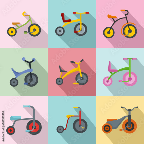 Tricycle bicycle bike wheel icons set. Flat illustration of 9 tricycle bicycle bike wheel vector icons for web