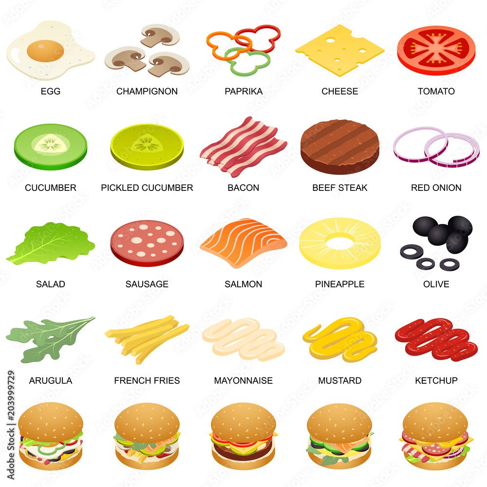 Burger ingredient icons set. Isometric illustration of 25 burger ingredient food vector icons for web Burger ingredient icons set. Isometric illustration of 25 burger ingredient food vector icons for web
