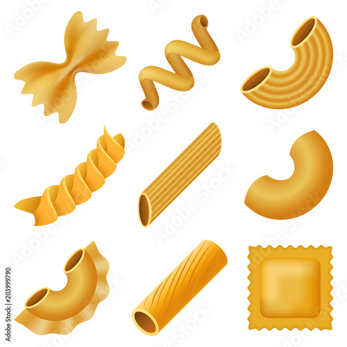 Macaroni pasta spaghetti mockup set. Realistic illustration of 9 macaroni pasta spaghetti mockups for web