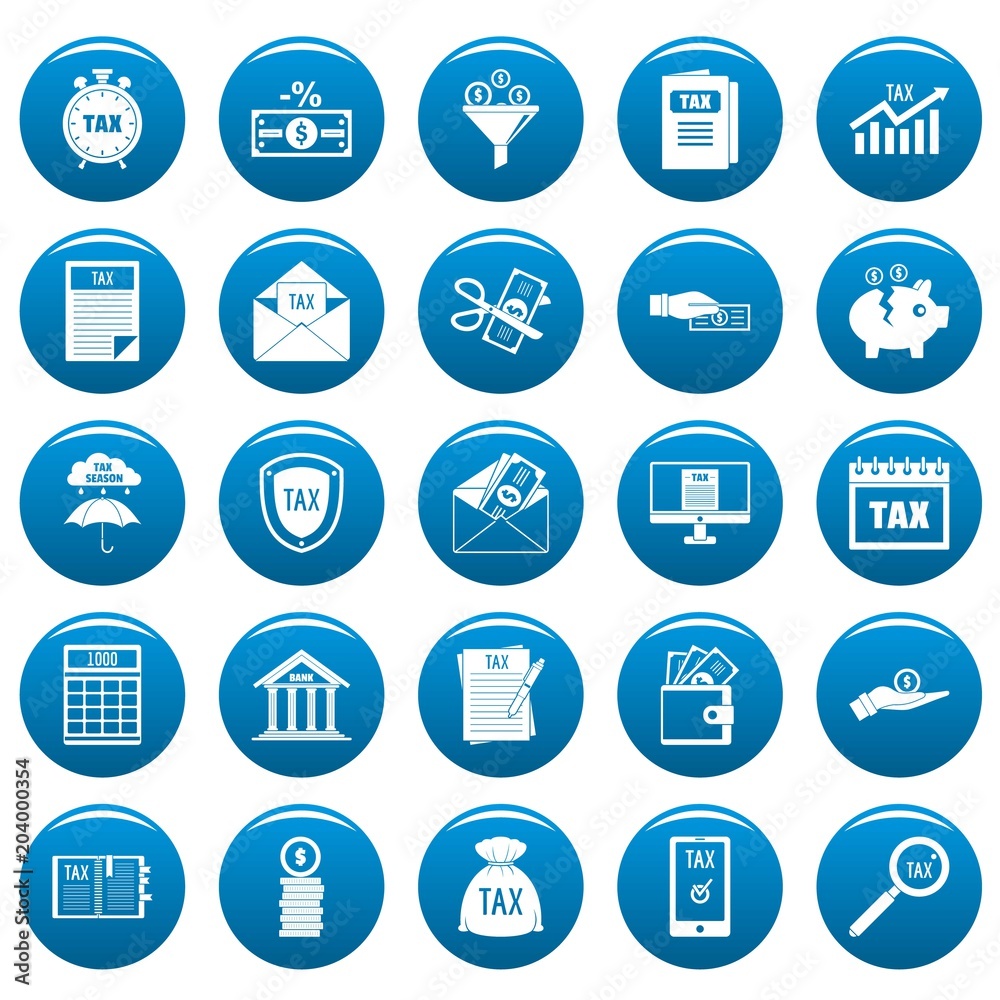 Taxes icons set. Simple illustration of 25 taxes vector icons blue isolated Taxes icons set. Simple illustration of 25 taxes vector icons blue isolated