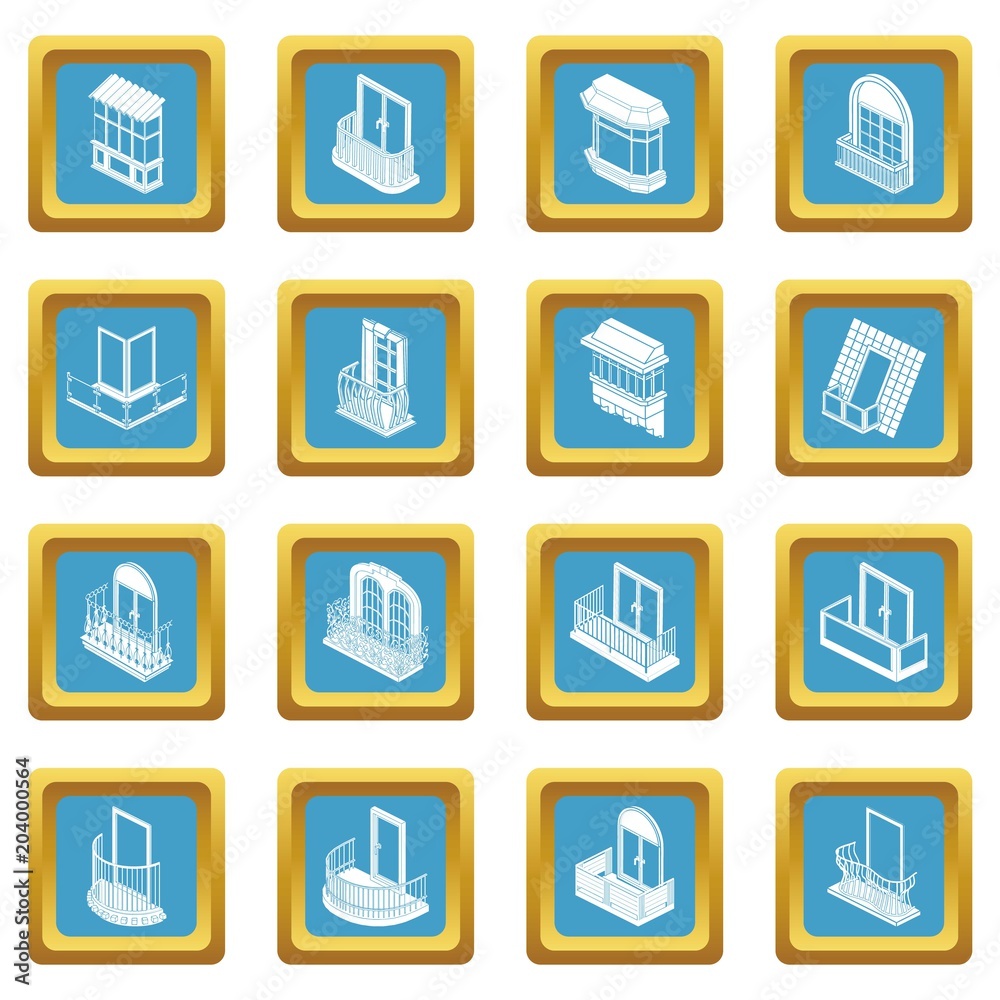 Balcony window forms icons set sapphirine square vector Balcony window forms icons set sapphirine square vector