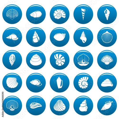 Sea shell icons set. Simple illustration of 25 Sea shell vector icons blue isolated
