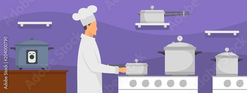 Chef at kitchen banner horizontal. Flat illustration of vector chef at kitchen banner horizontal for web design