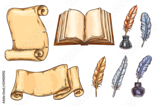 Vector sketch icons old vintage books stationery