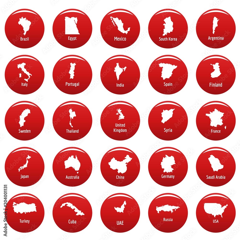 Country map icon set. Simple illustration of 25 country map vector icons red isolated