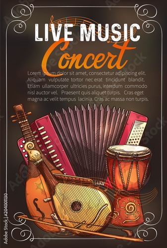 Vector music concert poster of sketch instruments