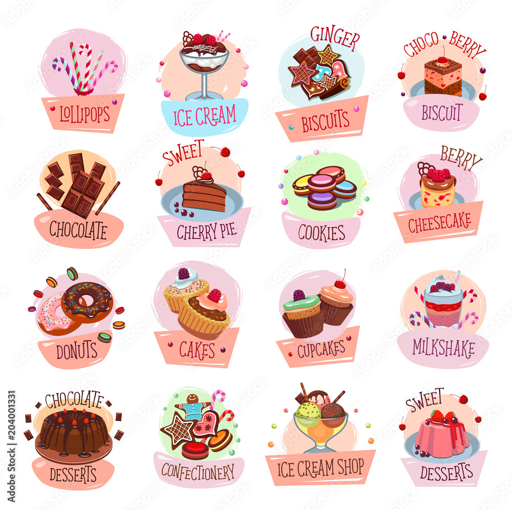 Vector pastry shop desserts cakes ice cream icons
