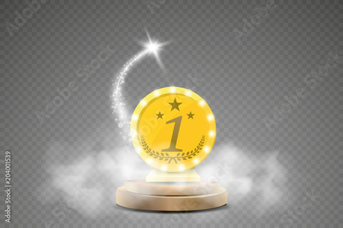 Winner background. First place of competition. Podium with spotlights. Smoke. With a flying glowing object.