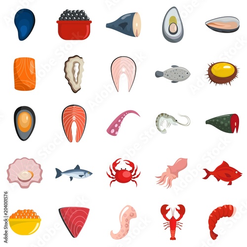 Seafood fresh fish food icons set. Flat illustration of 25 seafood fresh fish food vector icons isolated on white