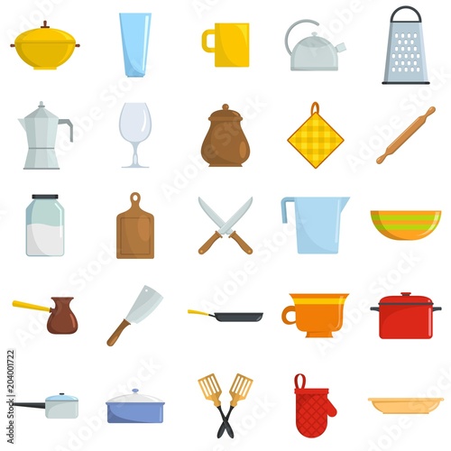 Kitchenware tools cook icons set. Flat illustration of 25 kitchenware tools cook vector icons isolated on white