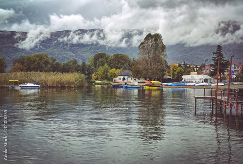 Tranquil Setting of Beach, Cottages & Boats on Lake Ohrid, Struga, Macedonia - Dull Stormy Cloudy Weather