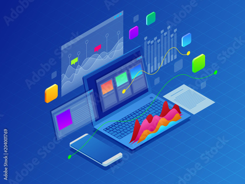 Concept business strategy. Illustration of data financial graphs or diagrams, information data statistic. Laptop and infographics isometric vector illustration on ultraviolet background