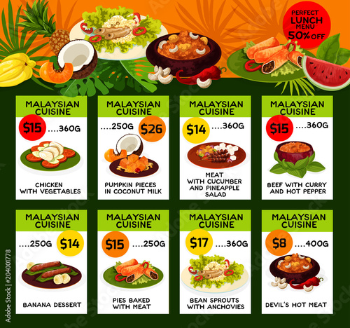 Vector price menu for Malaysian cuisine lunch