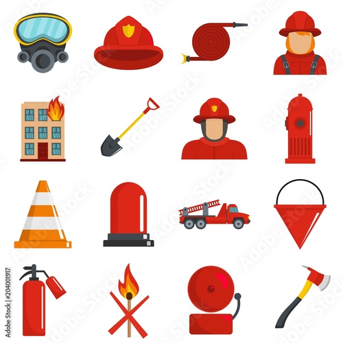 Fire fighter icons set. Flat illustration of 16 fire fighter vector icons isolated on white