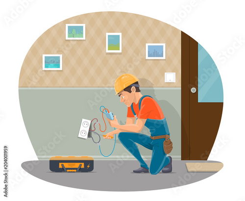 Vector electircian repairing socket flat design