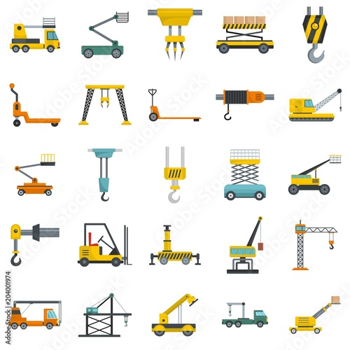 Lifting machine equipment icons set. Flat illustration of 25 lifting machine equipment cargo vector icons isolated on white