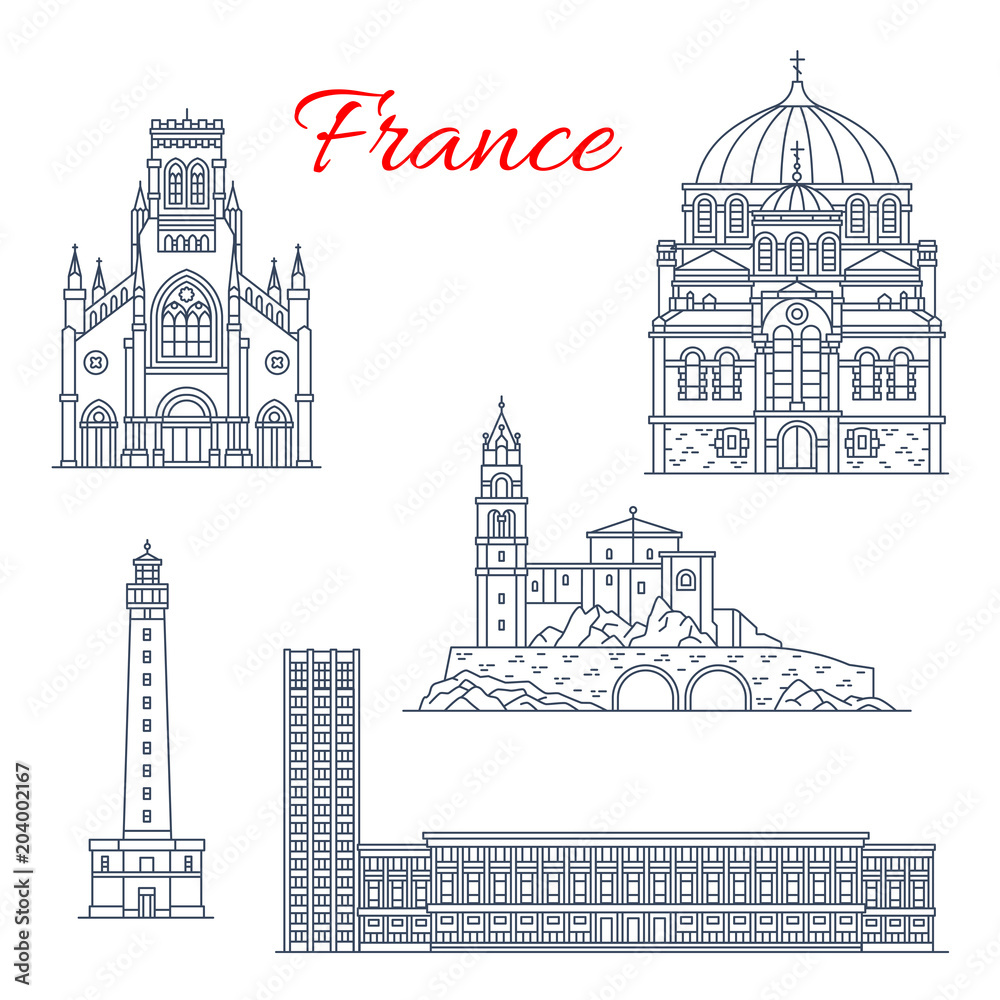 France travel landmarks vector icons