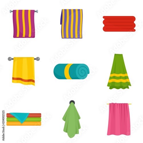Towel hanging spa bath icons set. Flat illustration of 9 towel hanging spa bath vector icons isolated on white