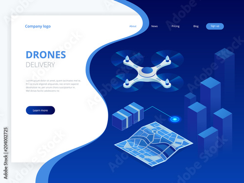 Isometric Drone Fast Delivery of goods in the city. Technological shipment innovation concept. Autonomous logistics Template for presentation, report design, website.