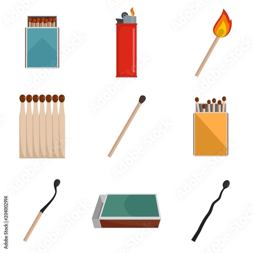 Safety match ignite burn icons set. Flat illustration of 9 safety match ignite burn vector icons isolated on white