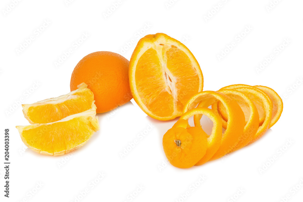 orange half slice and peel isolated on white background orange half slice and peel isolated on white background