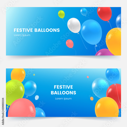 Festive banners with colorful balloons on blue sky. Multicolored flying balloons background. Grand opening, birthday or wedding invitation concept. Vector illustration.