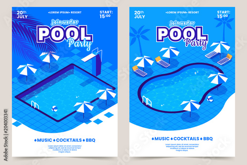 Summer pool party invitation poster. Isometric water swimming pool with sun beds, umbrellas and diving tower. Recreational resort. Vector illustration for summer event. Eps 10