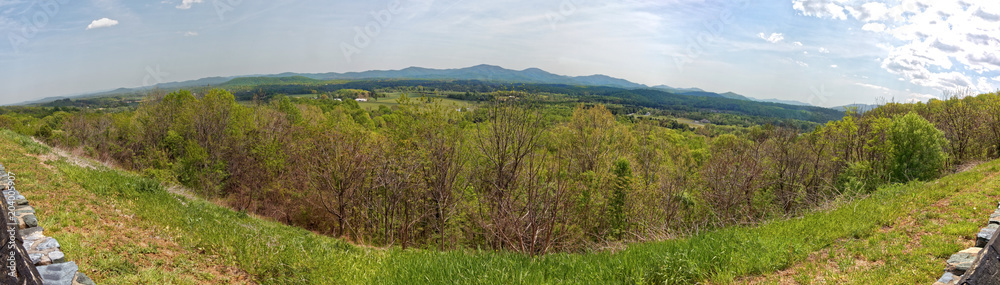 Valley view from Afton Mountain, Virginia with the Blue Ridge Appalachian Mountains in the far background.