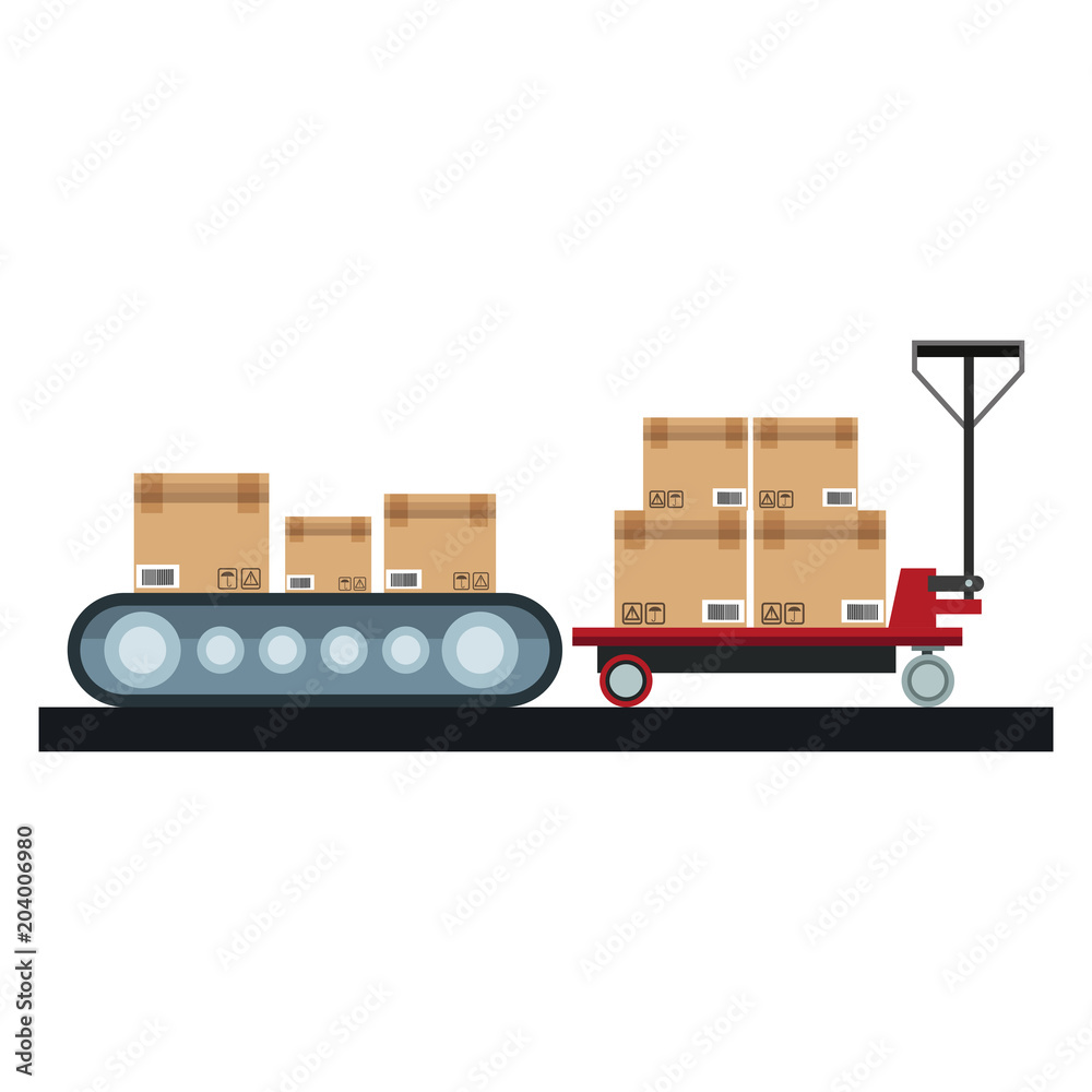 Boxes on conveyor and handtruck vector illustration graphic design