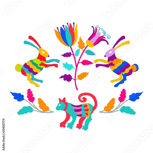 Vector folk Mexican Otomi Style embroidery Pattern set. Folk embroidery ornament elements.
