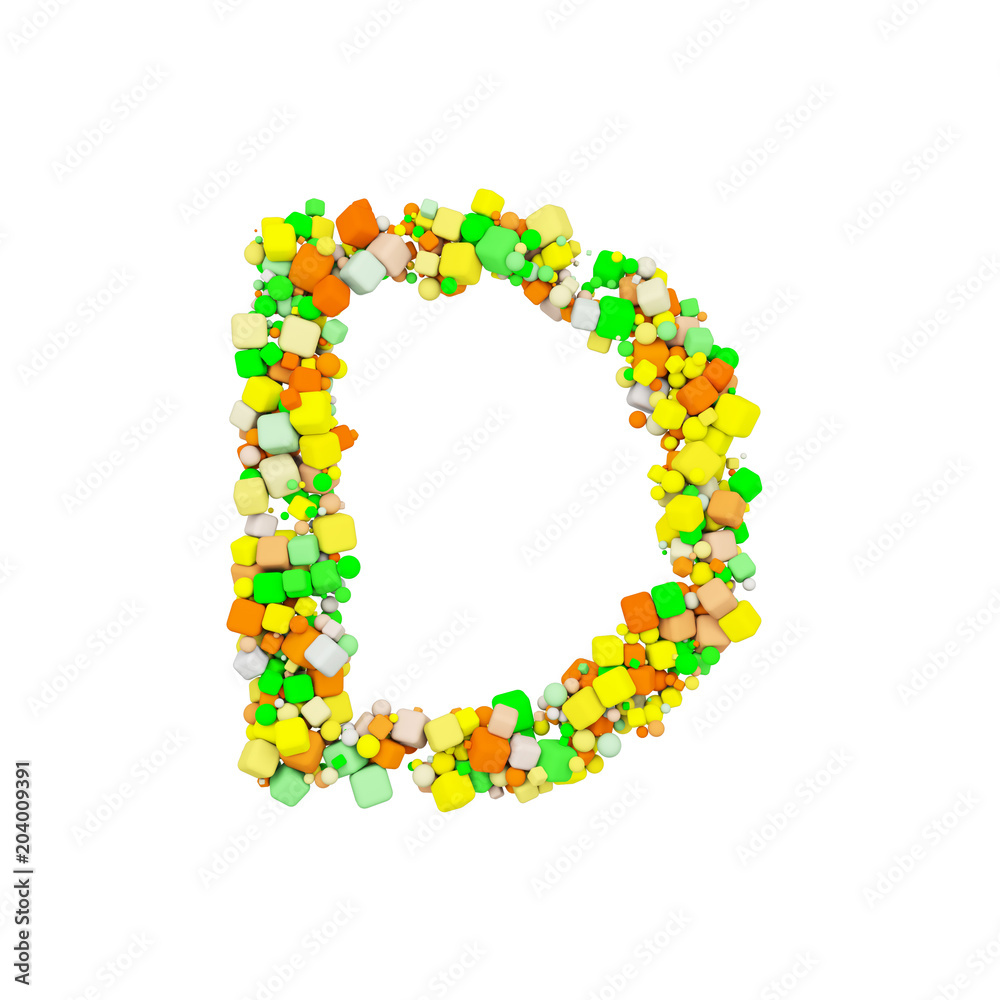 Alphabet letter D uppercase. Funny font made of orange, green and yellow shape cube. 3D render isolated on white background. Alphabet letter D uppercase. Funny font made of orange, green and yellow shape cube. 3D render isolated on white background.