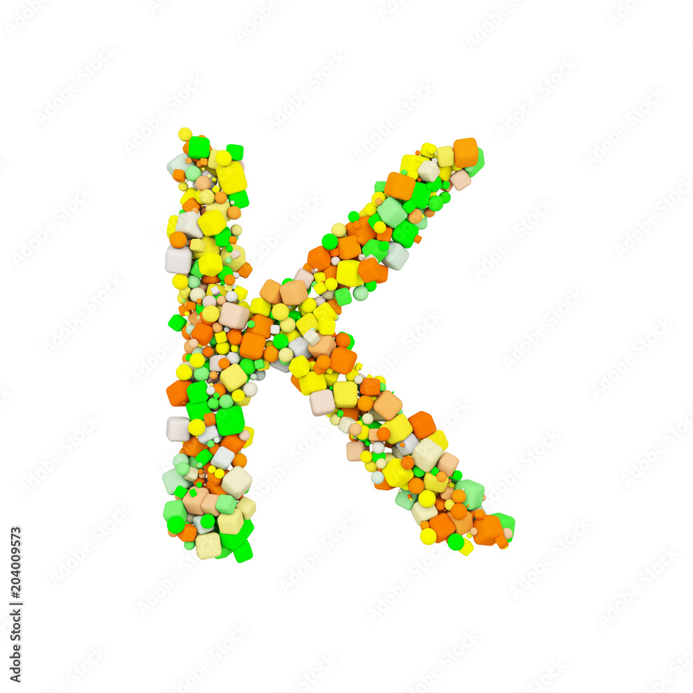Alphabet letter K uppercase. Funny font made of orange, green and yellow shape cube. 3D render isolated on white background. Alphabet letter K uppercase. Funny font made of orange, green and yellow shape cube. 3D render isolated on white background.