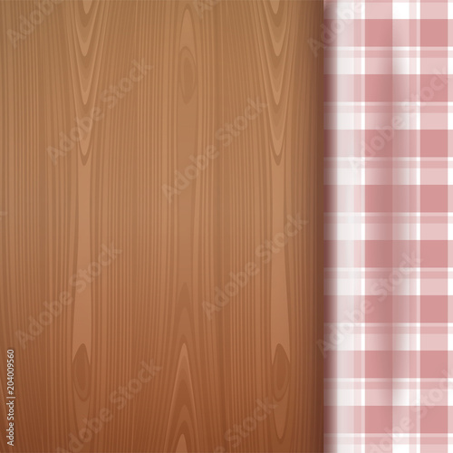 Checkered tablecloth on a wood background. Top view of a wooden table. Wooden table with red picnic tablecloth and copyspace. Realistic vector illustration
