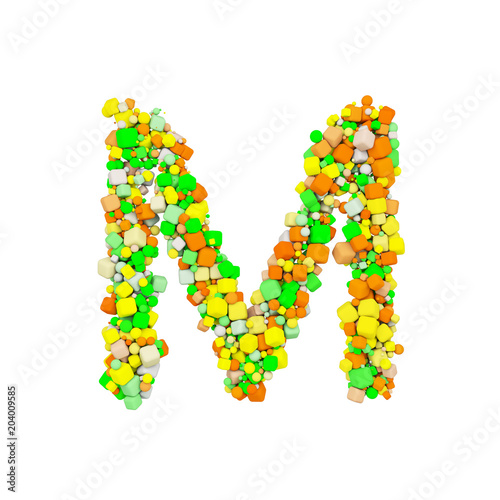 Alphabet letter M uppercase. Funny font made of orange, green and yellow shape cube. 3D render isolated on white background.