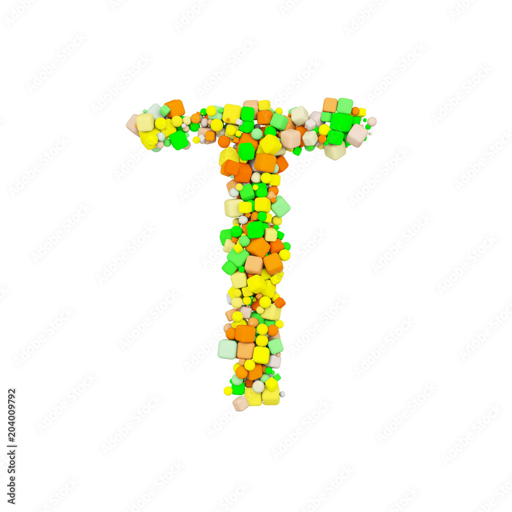 Alphabet letter T uppercase. Funny font made of orange, green and yellow shape cube. 3D render isolated on white background. Alphabet letter T uppercase. Funny font made of orange, green and yellow shape cube. 3D render isolated on white background.