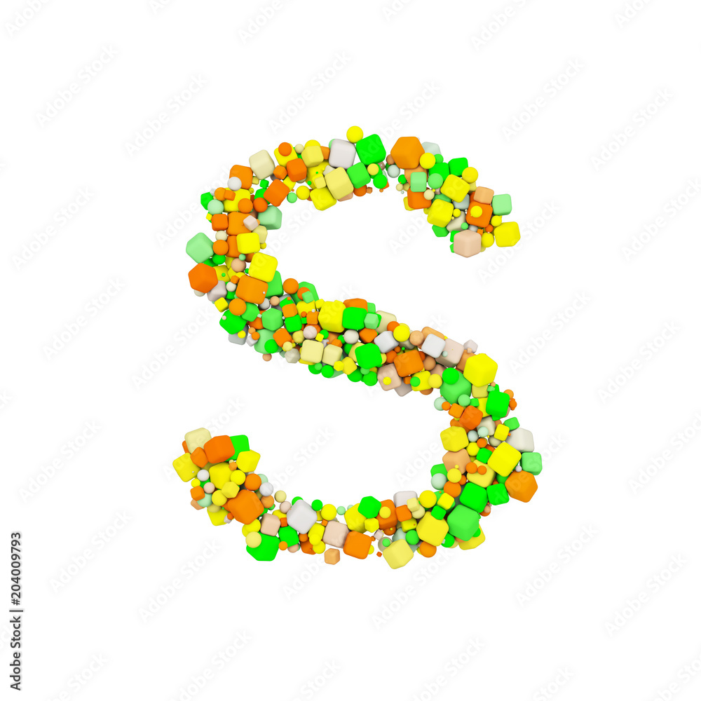 Alphabet letter S uppercase. Funny font made of orange, green and yellow shape cube. 3D render isolated on white background.