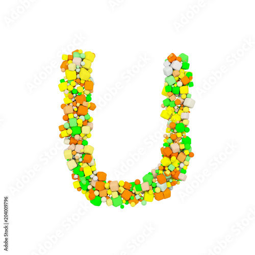 Alphabet letter U uppercase. Funny font made of orange, green and yellow shape cube. 3D render isolated on white background.